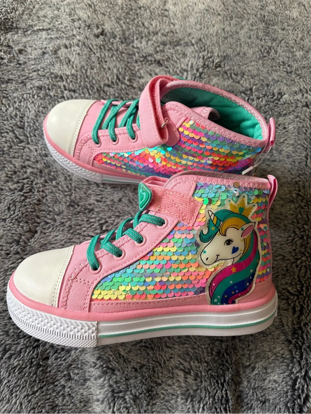 Kids Pink Unicorn High-Top Sneakers with Rainbow Sequin Detail